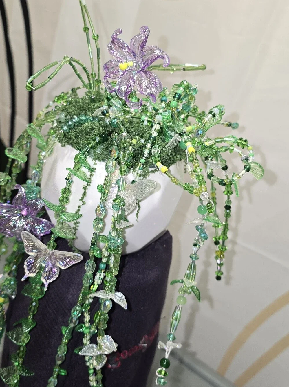 Handmade Glass Bead Floral Hanging Accent - Green and Purple